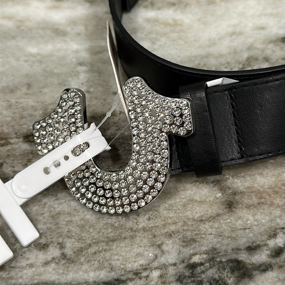 True Religion Silver Horseshoe Black Faux Leather Belt w/ Rhinestones Size XL - Picture 3 of 9